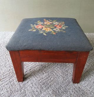 Antique Foot Stool Needlepoint Fabric Floral Design Vintage Footstool,  12 " X 10 "