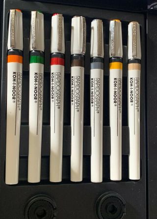 Koh - I - Noor Rapidograph Technical Artist Pen 7 Pen Set 3165 Vintage Usa Made