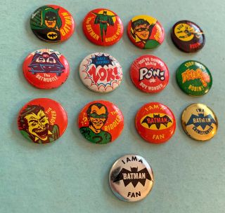 Batman 7/8” Buttons 1966 Near Set 13/14 Joker Riddler Robin Batmobile Pins Fan