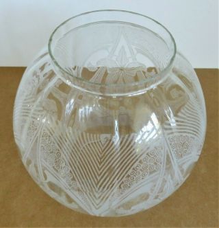 Antique Etched Glass,  Art Deco Pattern Globe Oil Lamp Shade,  Duplex 4 " Fit Dia.