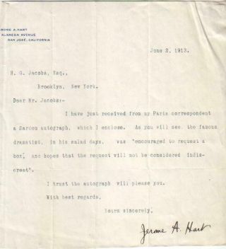 Jerome A.  Hart Autographed Letter Tls 1913 San Francisco Writer D.  37