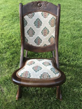 Antique Folding Rocking Chair Tapestry Padded Early 1900’s