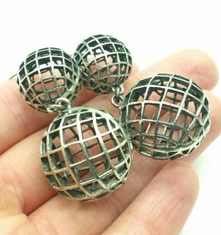 Vintage Modernist Sterling Silver Dangle Cut Out Globe Ball Orb Sphere Earrings