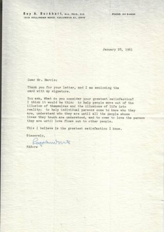 Roy A.  Burkhart Autographed Letter 1961 Ohio Christian Church Minister D.  62