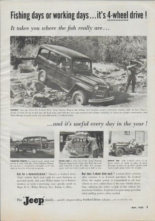 1955 Jeep Willys Station Wagon 4 Wheel Drive Ad Hunting Fishing Matted 11x14
