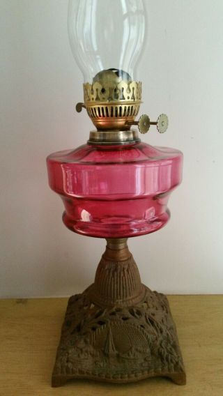 Vintage Oil Lamp With Cranberry Glass Font