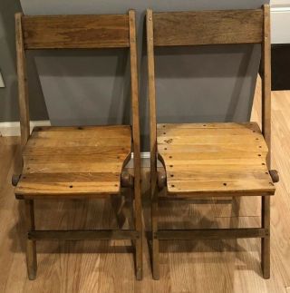 Vintage Snyder Antique Wood Oak Wooden Folding Chairs Set Of 2 Two