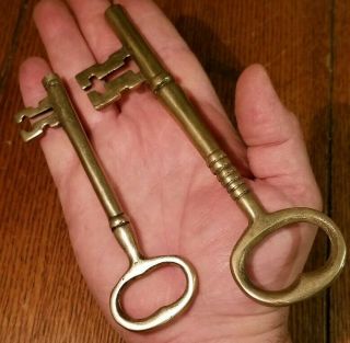 (2) Antique Large Solid Brass Skeleton Keys Hand Made