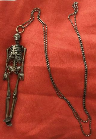 Vintage Skeleton Pendant Huge Sterl.  Silver Articulated & Chain Gothic Was £199,