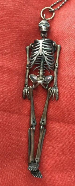 VINTAGE SKELETON PENDANT HUGE STERL.  SILVER ARTICULATED & CHAIN GOTHIC Was £199, 2