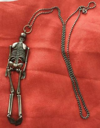 VINTAGE SKELETON PENDANT HUGE STERL.  SILVER ARTICULATED & CHAIN GOTHIC Was £199, 3