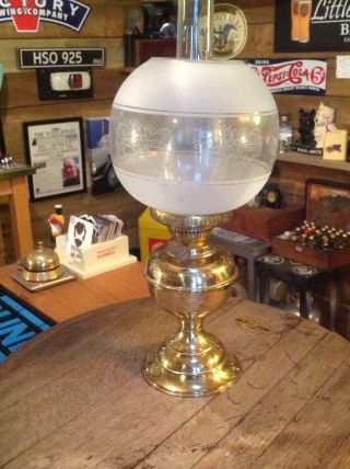 Antique/vintage Duplex Brass Oil Lamp With Chimney & Etched Glass Shade