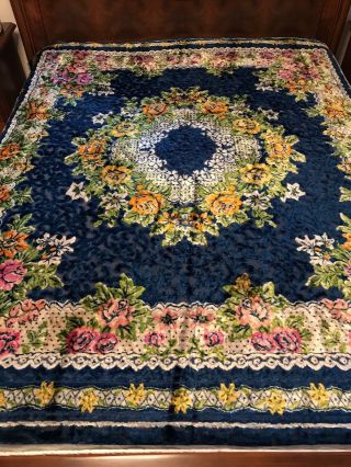 Fab Vintage Italian Royal Blue Floral Velvet Tapestry Bedspread - Tablecloth