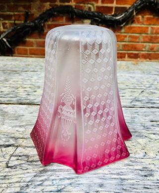 Antique Edwardian Cranberry Glass Red Pink Coloured Etched Table Lamp Shade Vtg