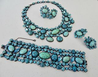 Schreiner Turquoise Necklace Bracelet Earrings Very Rare Vintage All Signed Set