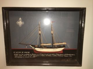 Antique Model Ship In A Shadow Box Rare Nautical Collectible Artwork Folk Art