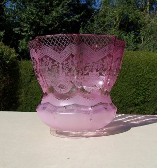 Antique Etched Cranberry/pink Glass Oil Lamp Shade/globe,  4 " Fitter - Big Chip