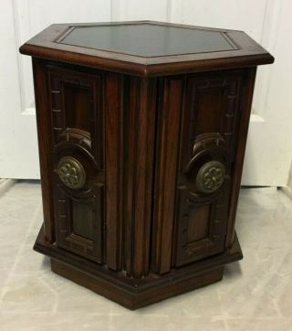 Vintage Mersman Hexagon Solid Wood Leather Top End Table,  Nightstand W/ Storage
