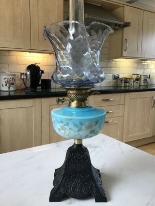 Duplex Blue Opaline Glass Font Twin Oil Lamp With Shade And Funnel