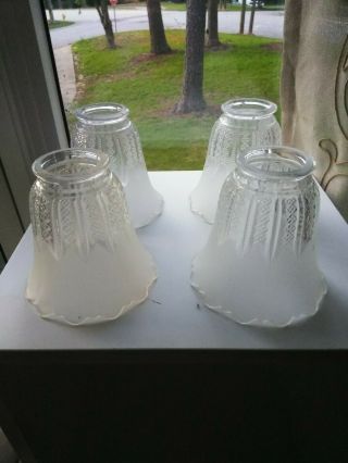 (set Of 4) Vintage Frosted Glass Shades,  Etched Scalloped Edges 4 - 3/4 " X 2 " Base