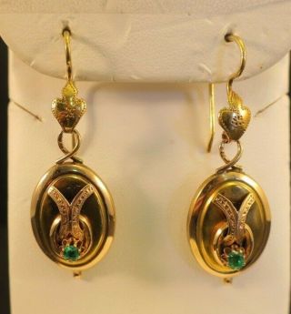 Antique Victorian 14k Gold Emerald Dangle Earrings 1 - 5/8 " Long & 3.  58 Grams