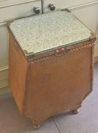 Lloyd Loom style glass top diamond shape gold linen laundry basket - vintage 50 ' s 2
