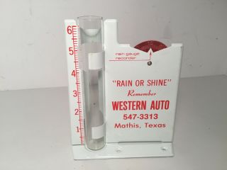 Rare Vintage Western Auto Advertising Rain Guage Tin & Glass,  Mathis Texas