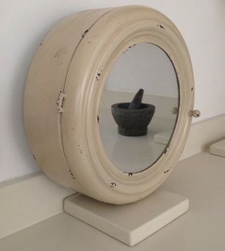 Rare Retro Vintage Round Metal Nautical Style Bathroom Cabinet With Mirror