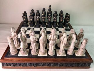 Vintage Chess Mayan Aztec Vs Spanish Conquistador Stone Chess Set Complete