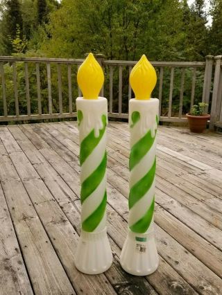 Vtg Blow Mold Candles Lighted Green/white Peppermint Stripe/christmas Union Prod