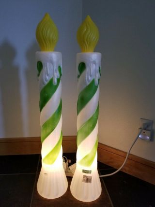 VTG BLOW MOLD CANDLES Lighted GREEN/WHITE Peppermint Stripe/Christmas Union Prod 2