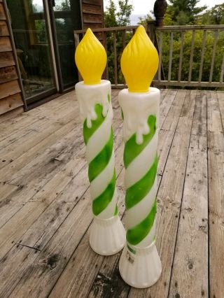 VTG BLOW MOLD CANDLES Lighted GREEN/WHITE Peppermint Stripe/Christmas Union Prod 3