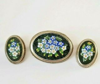 Vintage Micro Mosaic Brooch And Clip On Earring Set