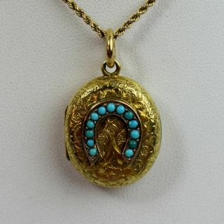 Victorian Antique 15 Ct Gold  & Turquoise Locket Pendant & Chain - 10.  3 G