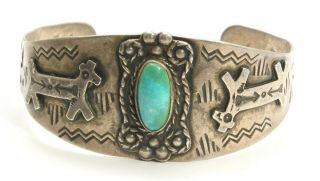 Vintage Navajo Sterling Silver Harvey Stamped Snake Dogs Turquoise Cuff Bracelet