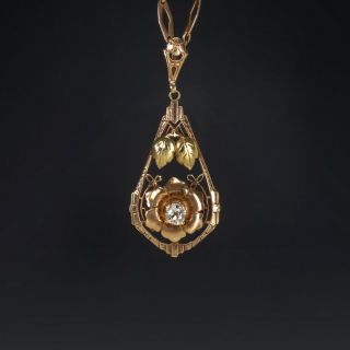 Antique Old Mine Cut Diamond F Si1 Flower Pendant Art Nouveau Necklace Vintage