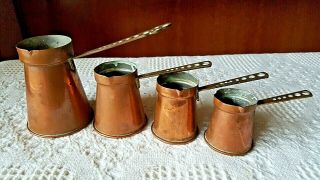 Vintage Copper Measuring Cups Set Of 4 With Unique Brass Handles