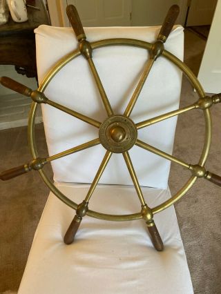 Vintage Ship Steering Wheel Solid Brass With Wooden Handles,  Made By Brown Bros.