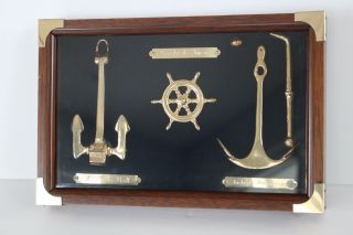 Vintage Nautical Solid Brass Anchor Ships Wheel Framed