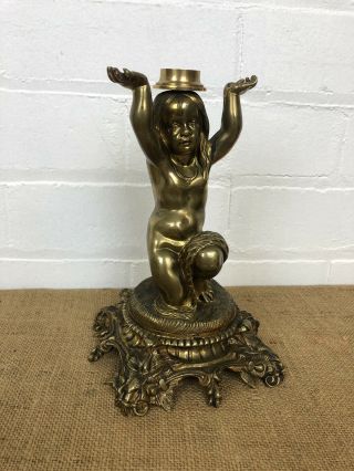 Antique Oil Lamp Cherub Putti Figure Brass Base