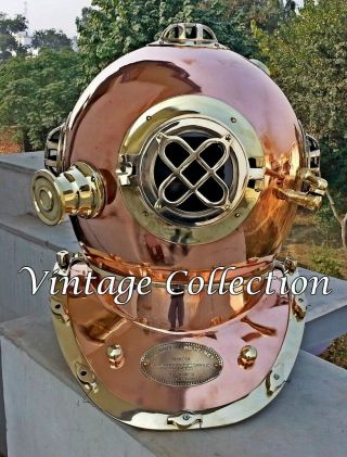 Vintage Antique 18 " Brass & Copper Diving Helmet Us Navy Mark V Scuba Divers