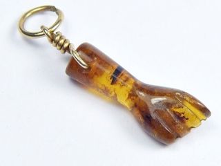 Terrific Vintage Natural Transparent Amber Hand Carved Figa Fist Good Luck Charm