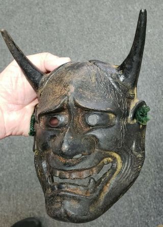 Vintage Asia Japanese Old Cast Iron Hannya Mask Diablo Demon Noh Kagura Ornament