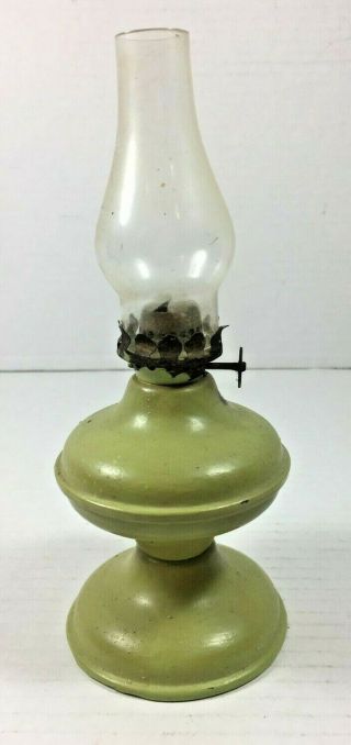 Vintage Miniature Oil Lamp Green Tin Plate Enamel Glass Chimney 7.  5 " Tall