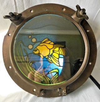 Vintage Antique Ship Porthole Window W Stained Glass Fish Mirror Brass Wc 10