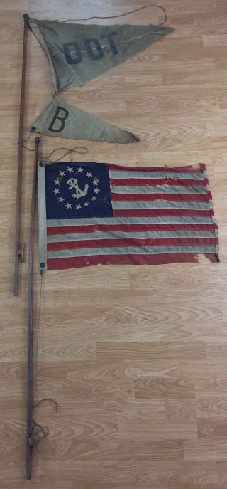 Antique Us 13 Star Ensign Flag,  B Dot Burgee Pennant Boat Ship Yacht Old Maine