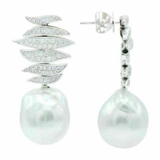 Estate Large.  96ct Diamond & Aaa South Sea Pearl 18k White Gold Hanging Earrings