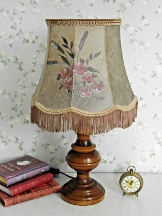 French Country Turned Wood Table Lamp Signed Hand Painted Floral Hide Shade 1432