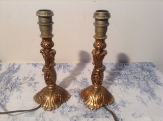 Pair Vintage French Bronze Table Lamp Lights With Shades (3034)