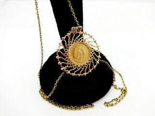 Vintage Mexican 1945 2 1/2 Peso Coin Mounted As 14k Gold Pendant W/24 " Necklace